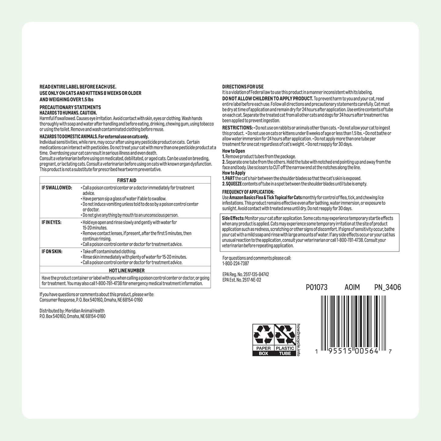 Amazon Basics Flea and Tick Topical Treatment for Cats (Over 1.5 lbs), Fast Acting and Long Lasting, 6 Count, Packaging May Vary