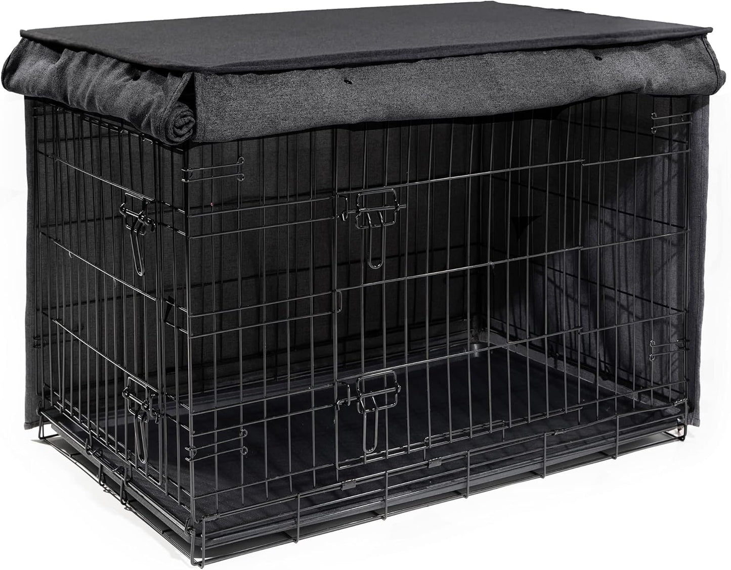 Friends Forever Metal Dog Crate Cover 48 inch w/Light Blocking Protective Curtain, Dog Cage Cover w/Roller Shades, Machine Washable, Trucker Black