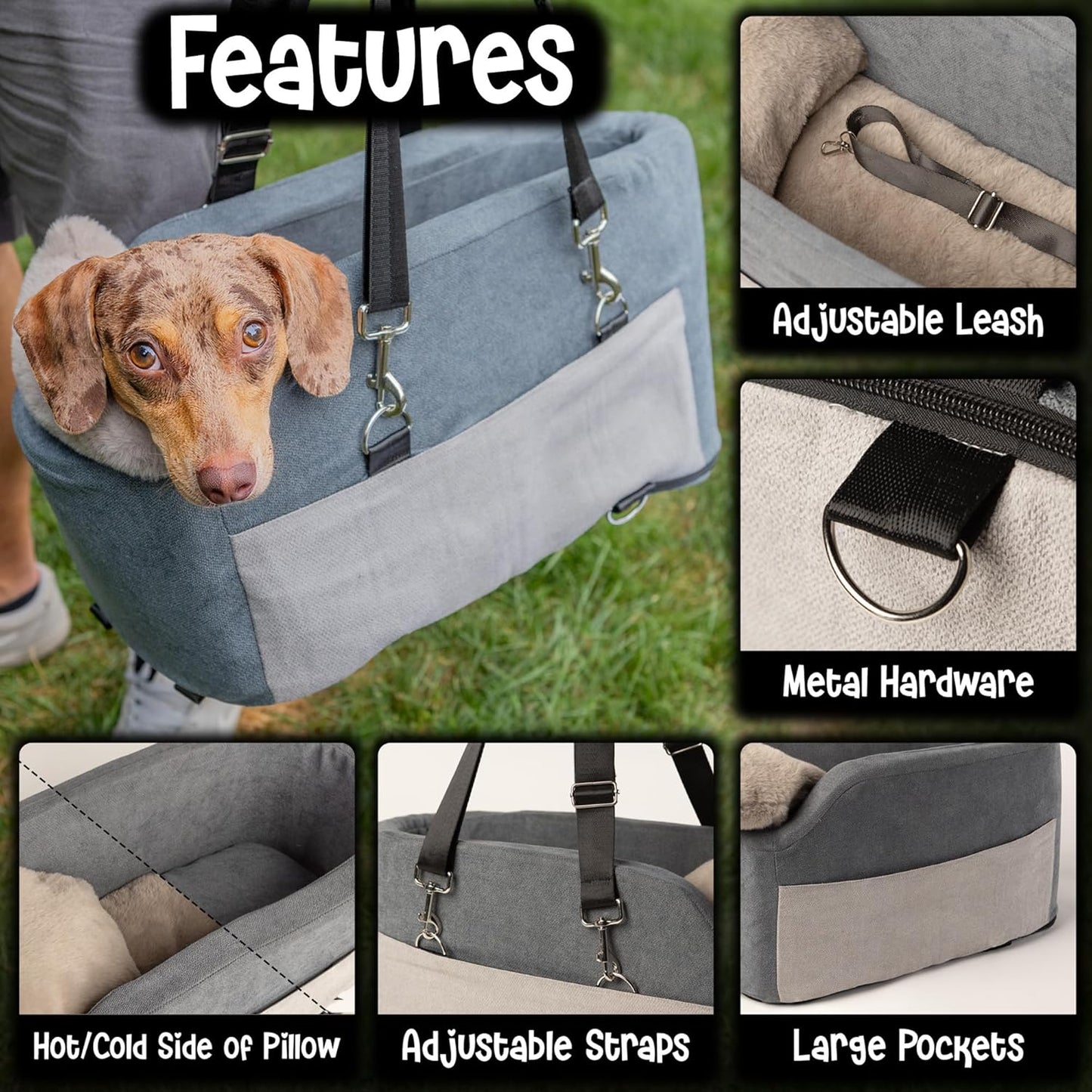 Center Console Dog Car Seat | 11 lbs MAX | Safety Straps & Leash | Comfortable Foam and Plush Pillows | Adjustable Mount Design | Large Storage Pockets | Perfect for Small Pets & Cats (Grey)