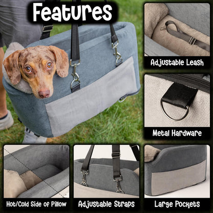 Center Console Dog Car Seat | 11 lbs MAX | Safety Straps & Leash | Comfortable Foam and Plush Pillows | Adjustable Mount Design | Large Storage Pockets | Perfect for Small Pets & Cats (Grey)