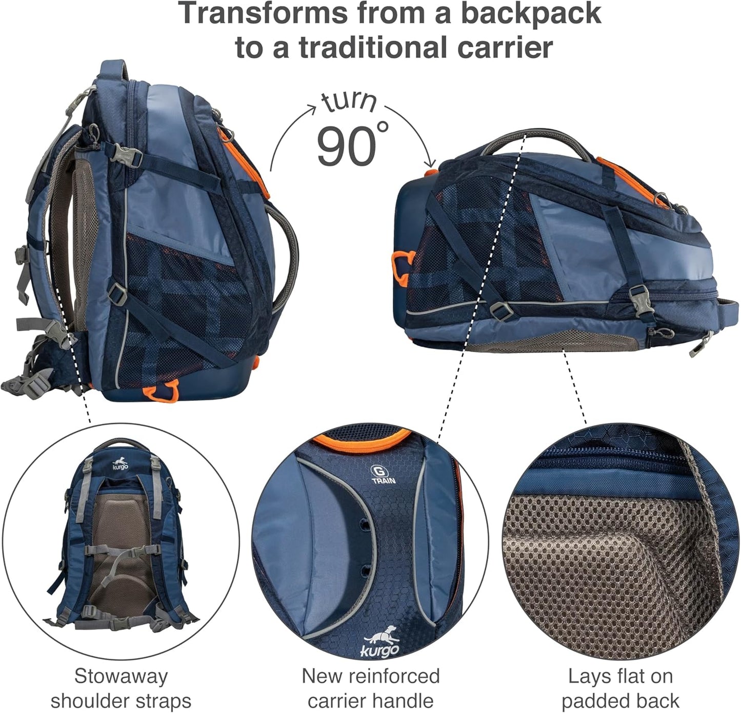 Kurgo G-Train Dog Carrier Backpack - Comfortable Travel Bag for Pets Up to 25 lbs - Waterproof Bottom - Multi-Compartment Pack - Dog Hiking Gear - Rugged Adventure Backpack - Navy Blue