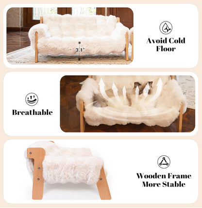 CHEERHOME PETS Elevated Cat Couch Bed for Indoor Cats, Wooden Cat Sofa with Removable Washable Fluffy Cover Raised Kitty Lounge Chair Suitable for Puppy(Cat Sofa Off-White)