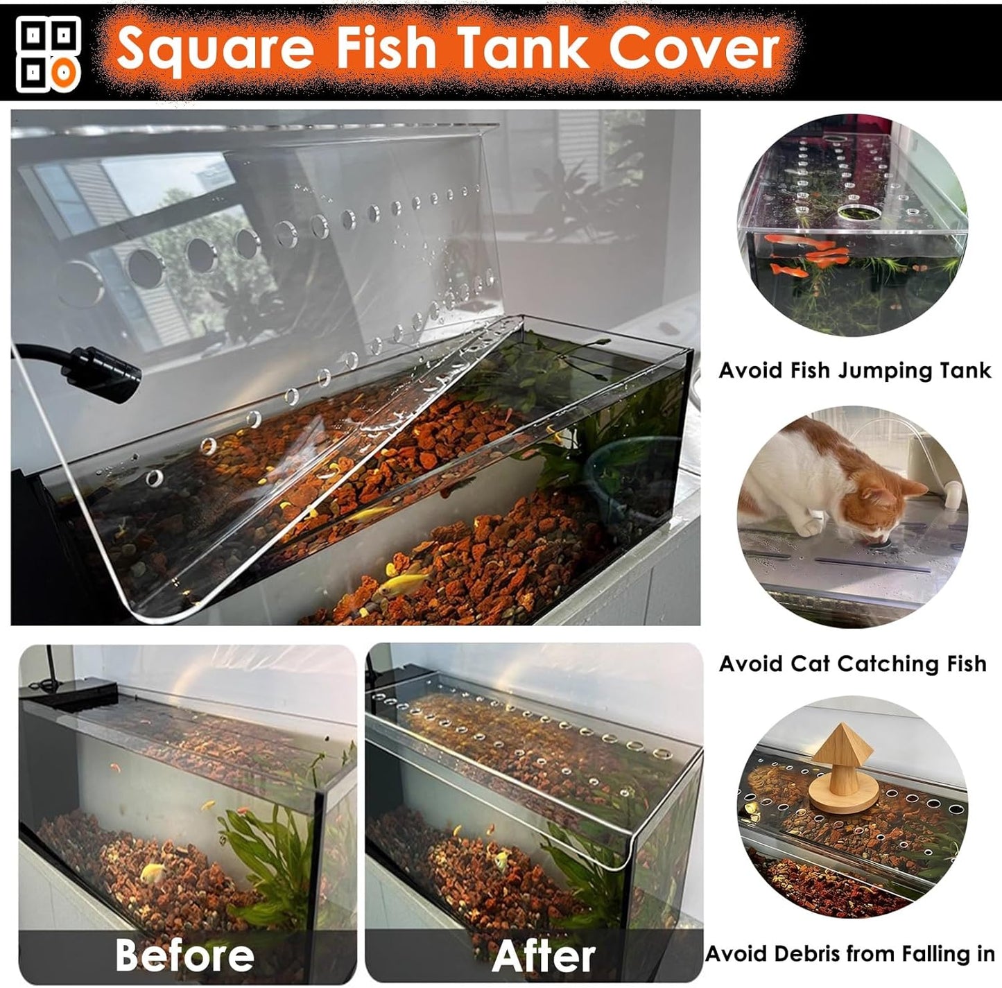 Aquarium Anti-Jump Lid, Cat-Proof Acrylic Cover for Fish Tanks, Top-Mount Terrarium Hood with Hole, 8-20 Inch Wide (L20xW20cm/7.9x7.9in)