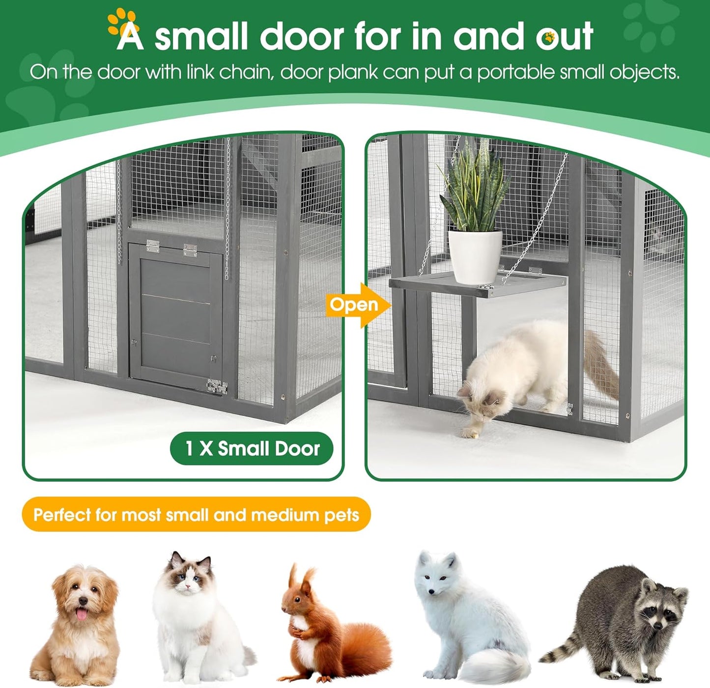 KEIKI Luxury Wooden Cat Cage Outdoor Cat Catio Enclosure 56ft²Extra Large Kitten Run House for Multiple Pets, Walk in Kitten Kennel with Bouncy Bridge, Platforms, Resting Houses, UV Resistant, Gray