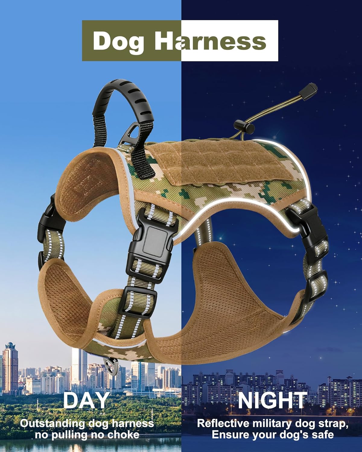 Hotsky Tactical Dog Seatbelt Harness for Medium Dogs No Pull, Adjustable Military Service Dog Vest Reflective Pet Harness with Control Handle Molle Loop Panels for Dogs Training Walking(Army Camo, M)