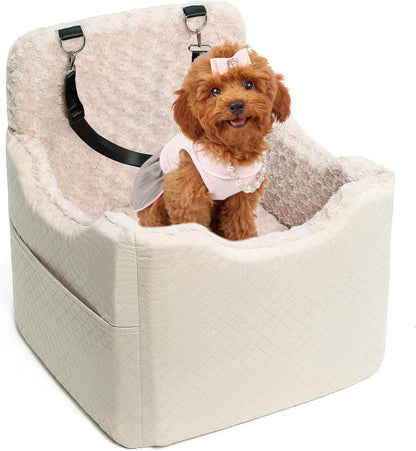 Dog Car Seat for Small Medium Dogs - 6.7inch Elevated Dog Booster Car Seats with Deluxe Rose Plush, Washable Travel Safety Pet Carseat Bed with 2 Safety Belts and Storage Pockets(Beige)