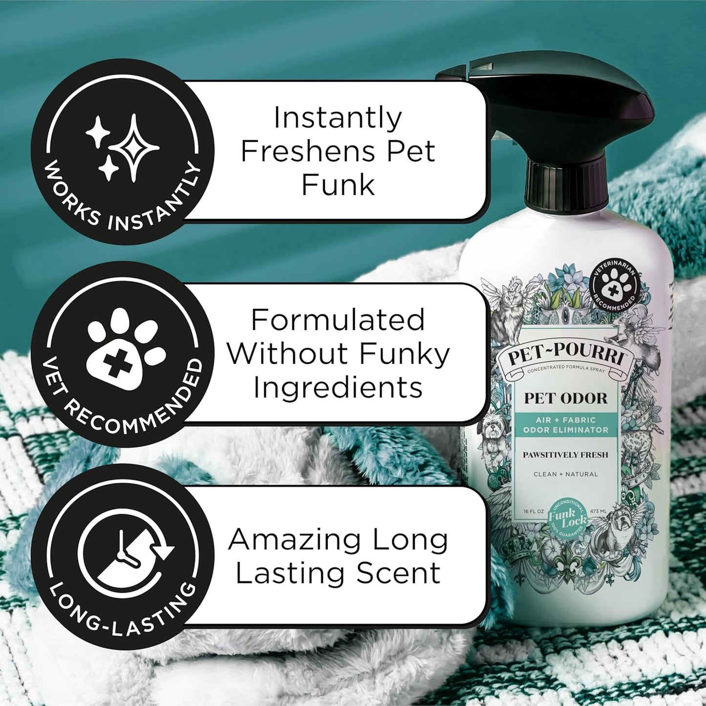 Pet-Pourri Pawsitively Fresh Pet Odor Deodorizer Spray, 16 Fl Oz, Up to 800 Uses, Air + Fabric Odor Remover with Essential Oils & Plant Based Ingredients, Vet Recommended, Pineapple, Jasmine & Pear