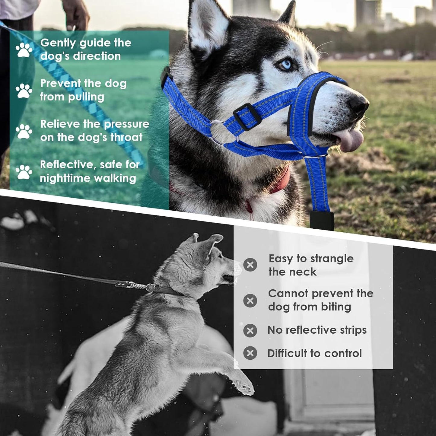 Dog Head Collar, Adjustable Dog Mouth Guard, Reflective Dogs Mouth Harness with Padded Nose Band, No Pull Head Collar Soft Dogs Muzzle for Medium Large Pets (Blue, L (Snout: 11.6"-14.8"))