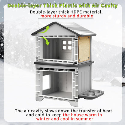 Cat House Outdoor Weatherpoof Plastic Cats Houses with Elevated Cat Bowls, Cat Scratch Pads and Escape Door, 2-Story Indoor Waterproof Feral/Pet Cat Shelter Outside for Multiple Cats, Grey