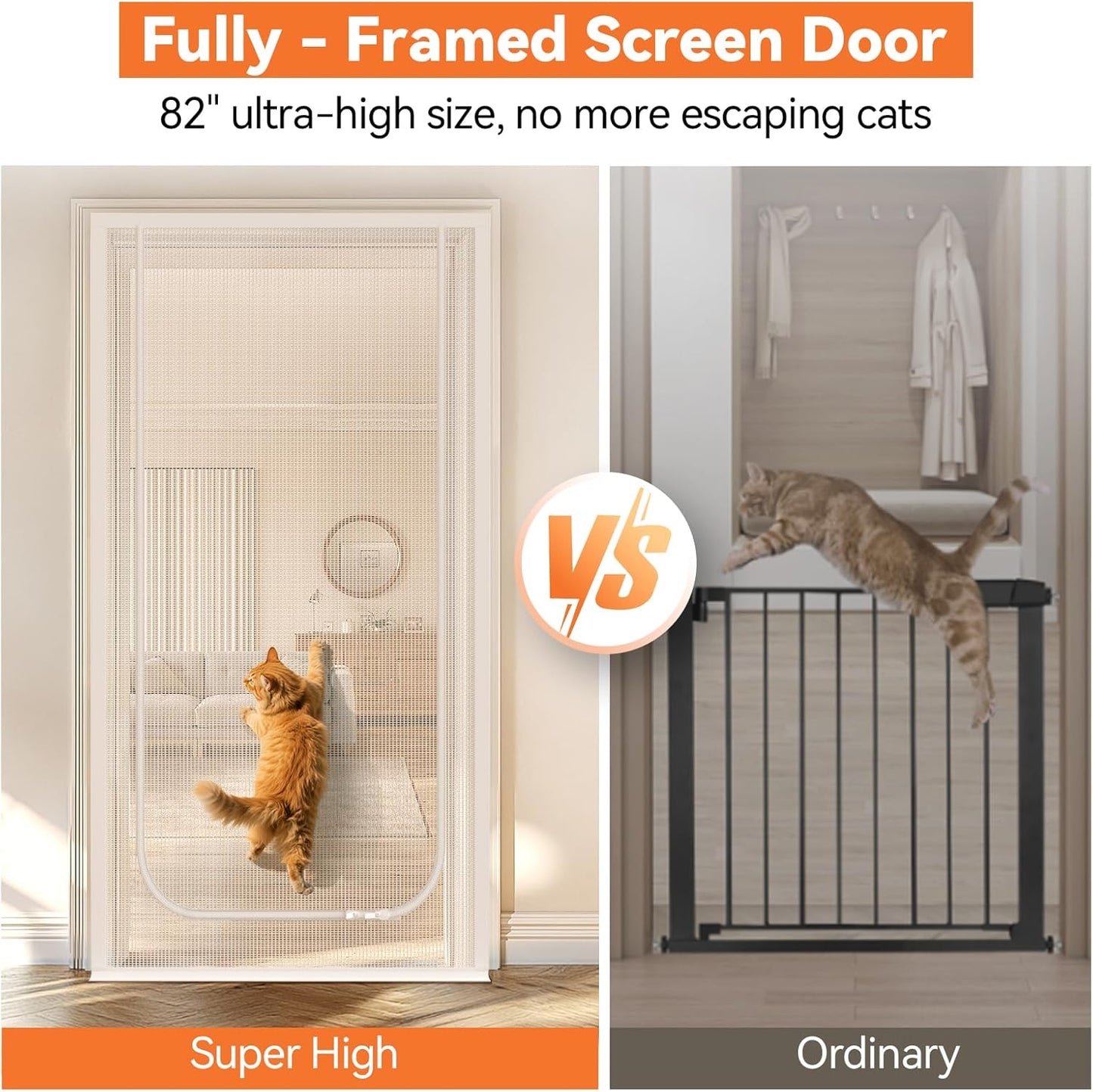 Cat Screen Door, Extra Tall Cat-Proof Mesh Gate, Fit Door Size 30'' x 80'', Anti Scratch Mesh with Zipper Closure, for Living Room, Kitchen, Bedroom (White, U-Shaped)
