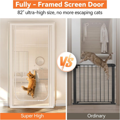 Cat Screen Door, Extra Tall Cat-Proof Mesh Gate, Fit Door Size 30'' x 80'', Anti Scratch Mesh with Zipper Closure, for Living Room, Kitchen, Bedroom (White, U-Shaped)