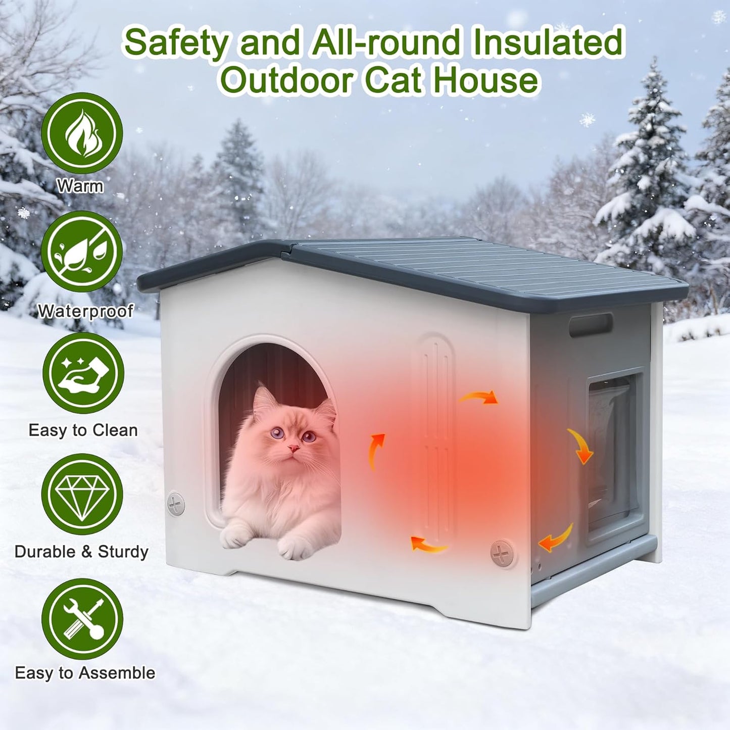 Outdoor Cat House with Insulated Liner, Weatherpoof Plastic Insulated Cats Houses with Escape Door Indoor Waterproof Feral/Pet Cat Shelter Outside for Puppy, Rabbit for Winter