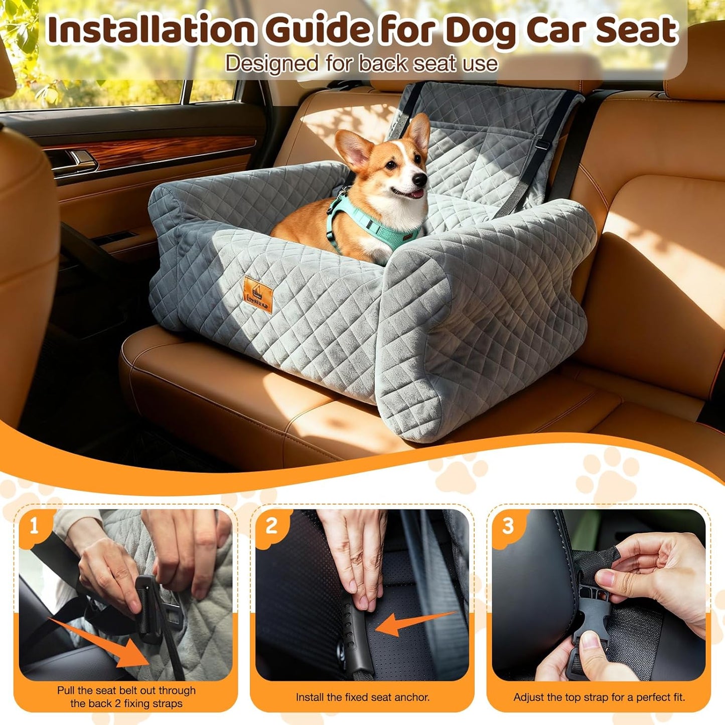 Dog Car Seat for Medium/Large Dogs up to 60 lbs, Memory Foam Dog Booster Seat with Thick Cushion, Pet Car Seat for Back with Detachable Washable Cover, Storage Pockets for SUV, Pick Up, Trunk, Grey