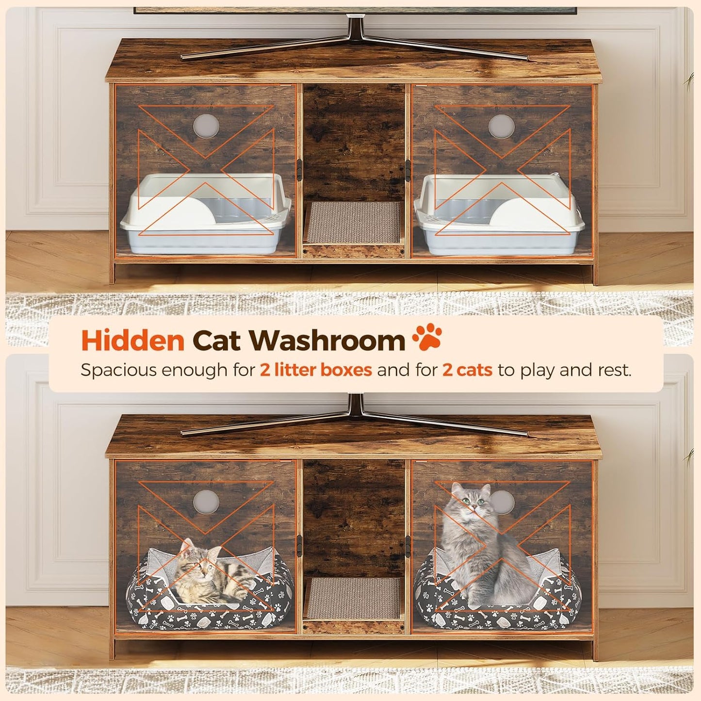 Cat Litter Box Enclosure and Freestanding Dog Gate Bundle, Hidden Litter Box Furniture with Double Room, 4-Panel Foldable Pet Gate with Support Feet, Indoor Use, CWHR1201-DGBK6101