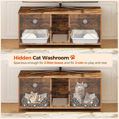 Cat Litter Box Enclosure and Freestanding Dog Gate Bundle, Hidden Litter Box Furniture with Double Room, 4-Panel Foldable Pet Gate with Support Feet, Indoor Use, CWHR1201-DGBK6101