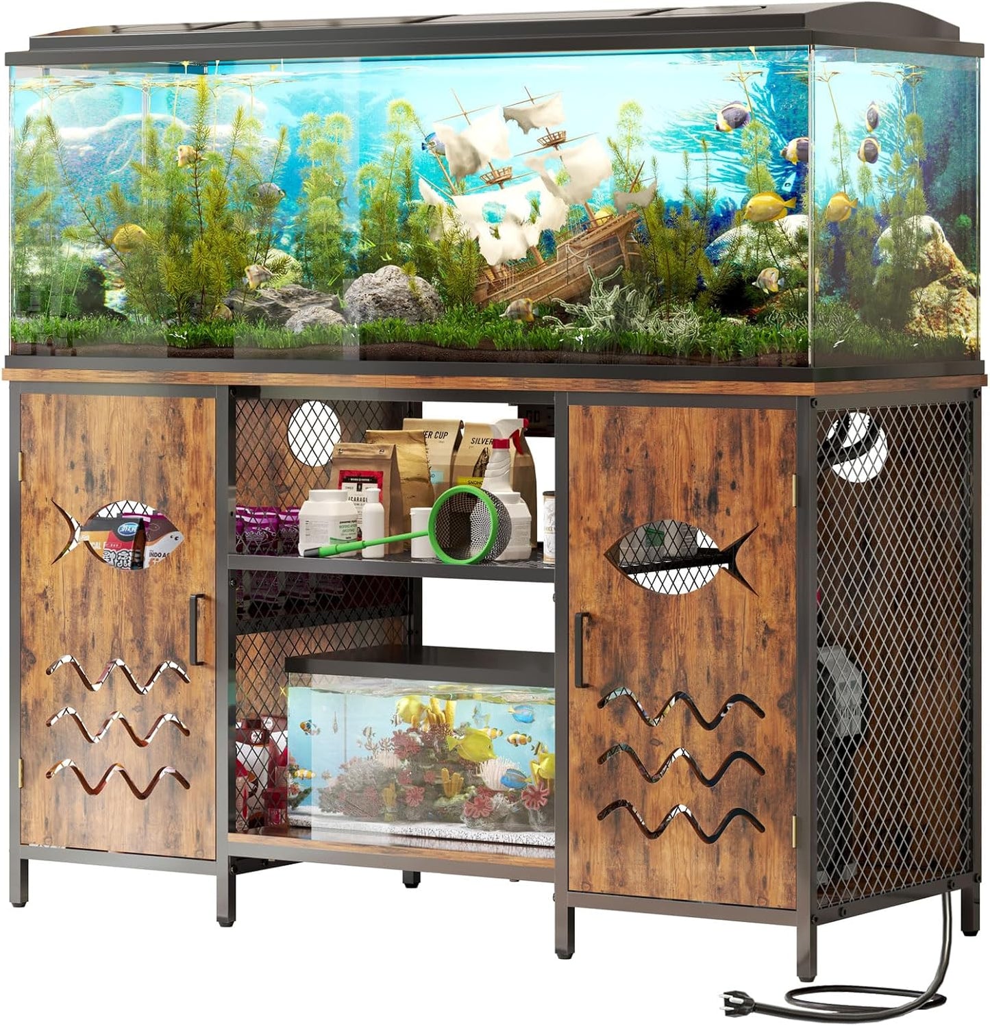 55-75 Gallon Fish Tank Stand with Power Outlet, Rustic Wood Aquarium Table with Cabinet and Shelf, Heavy Duty Metal Rack for Turtle Tank, Reptile Terrarium, 1000LBS Capacity, Brown