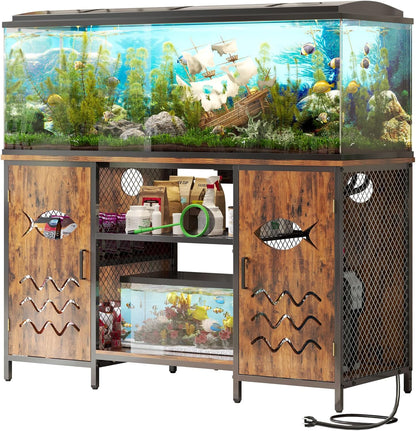 55-75 Gallon Fish Tank Stand with Power Outlet, Rustic Wood Aquarium Table with Cabinet and Shelf, Heavy Duty Metal Rack for Turtle Tank, Reptile Terrarium, 1000LBS Capacity, Brown