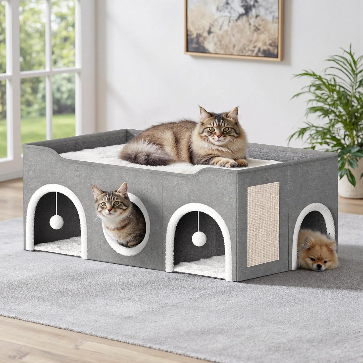 All-in-1 Extra Wide Cat House,Top Bed Three Rooms Cat Condos,Cat Beds for Indoor Cats,Multi Cats Puppy Family with Fluffy Ball Hanging and Scratch Pad, Foldable Hideaway