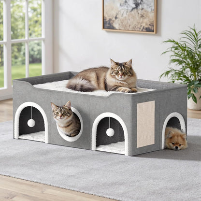 All-in-1 Extra Wide Cat House,Top Bed Three Rooms Cat Condos,Cat Beds for Indoor Cats,Multi Cats Puppy Family with Fluffy Ball Hanging and Scratch Pad, Foldable Hideaway