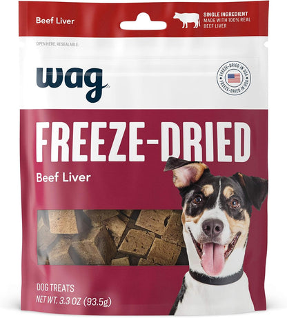 Amazon Brand - Wag Freeze-Dried Raw Single Ingredient Dog Treats, Beef Liver, High Protein, Health Training Treats or Meal Topper for all Dogs, Grain-Free, 3.3 Ounce (Pack of 1)