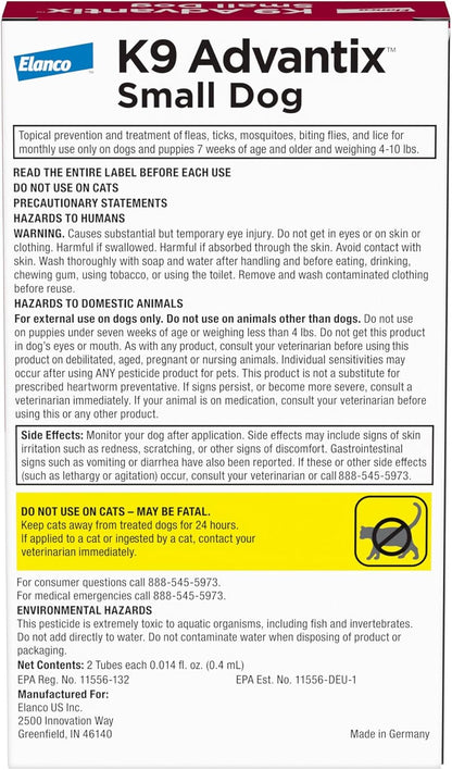 K9 Advantix Flea, Tick & Mosquito Prevention for Dogs 4-10 lbs. | Flea Drops for Small Dogs | Apply Monthly | 4 Treatments (Pack of 2)