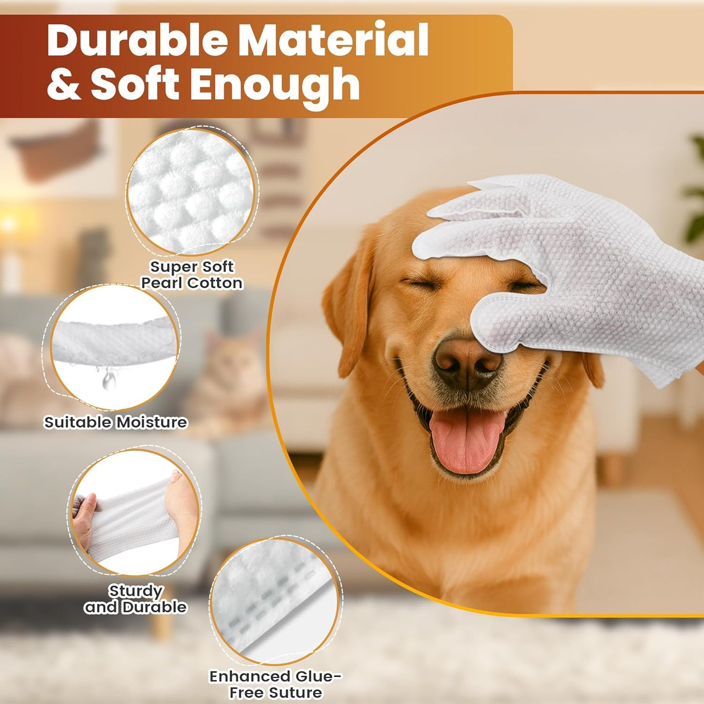 Pet Glove Wipes for Dogs Cats, Dog Cleaning Gloves, Dog Wipes Cleaning Deodorizing, Pet Wipes for Dogs Cats, Extra Thick, Unscented Rinse Free Nourish Fur Glove Wipes for Daily Care and Traveling-6pcs