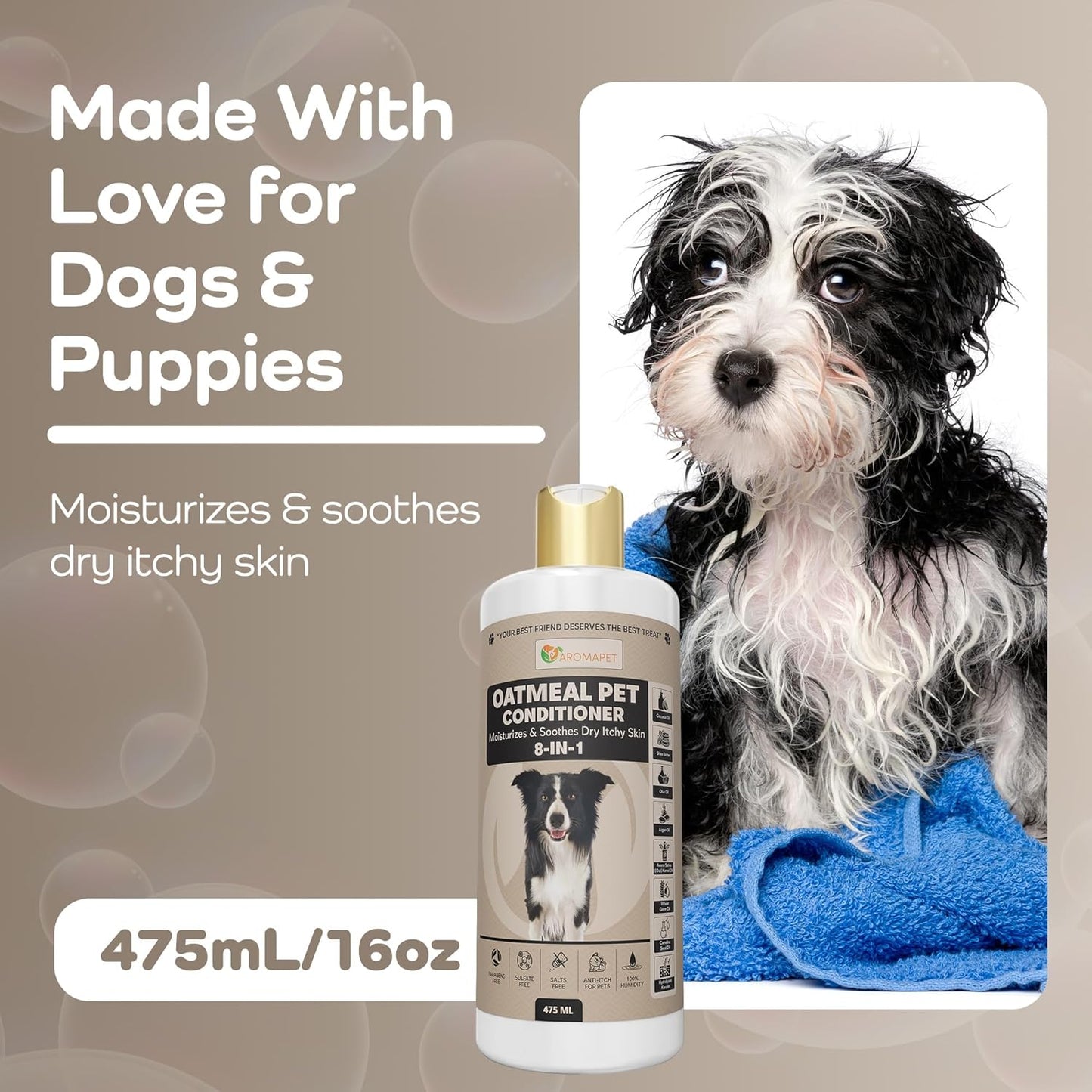 8-in-1 Oatmeal Dog Conditioner Moisturizing Conditioner for Dogs with Oat Oil, Shea Butter, Coconut Oil & Argan Oil, Hypoallergenic Dog Conditioner for Itchy Skin & Dry Coats, 475mL