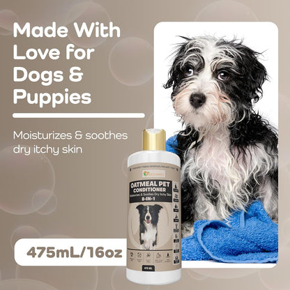 8-in-1 Oatmeal Dog Conditioner Moisturizing Conditioner for Dogs with Oat Oil, Shea Butter, Coconut Oil & Argan Oil, Hypoallergenic Dog Conditioner for Itchy Skin & Dry Coats, 475mL