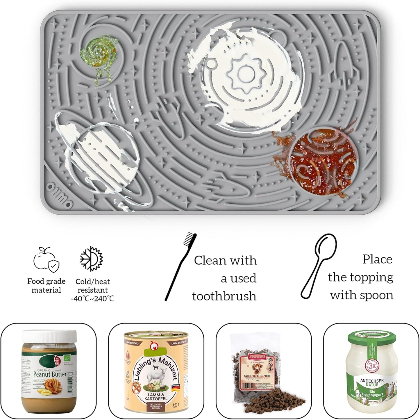 OHMO Lick Mat for Dogs & Cats - Large Size 9.8"×5.9" (2pcs,Ash+Beige) - Space Star Design Slow Feeder with Suction Cups, Keep Them Busy & Anxiety Relief, Easy Clean Enrichment Accessories