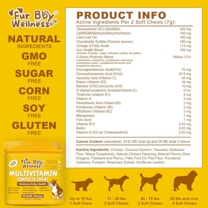 Daily Multivitamin for Dogs – Glucosamine Chondroitin, Probiotics & Omega Fish Oil – Supports Hip & Joint, Skin, Coat, Allergy & Immune Health – Vet Approved Chicken Chews, 90 Count