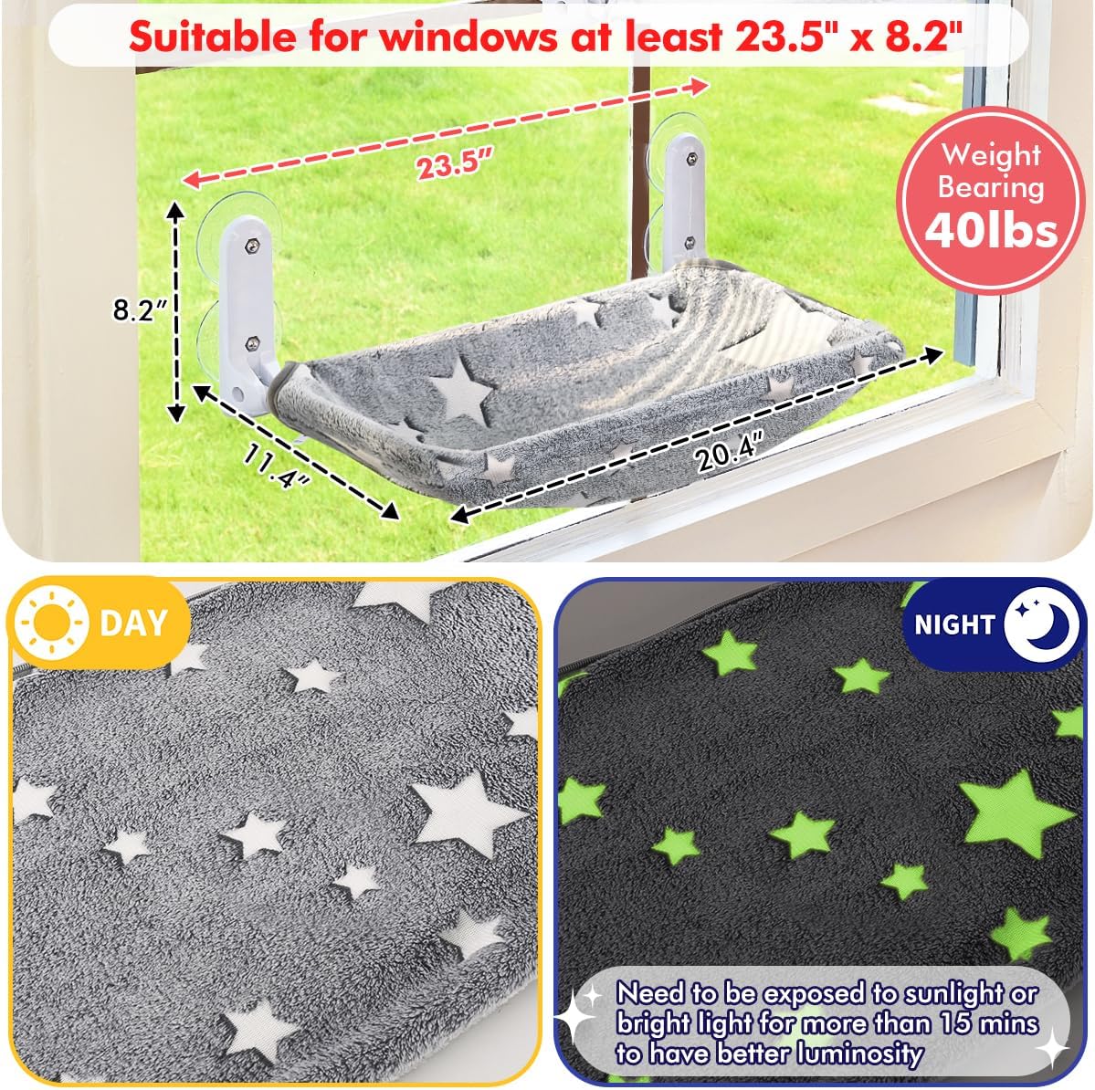 Cat Window Perch, Glow in The Dark Cordless Foldable Pet Hammock Bed for Window with Sturdy Metal Frame, Glowing Stars Pattern Resting Seat for Indoor Cats (Stars - M)