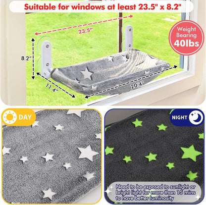Cat Window Perch, Glow in The Dark Cordless Foldable Pet Hammock Bed for Window with Sturdy Metal Frame, Glowing Stars Pattern Resting Seat for Indoor Cats (Stars - M)