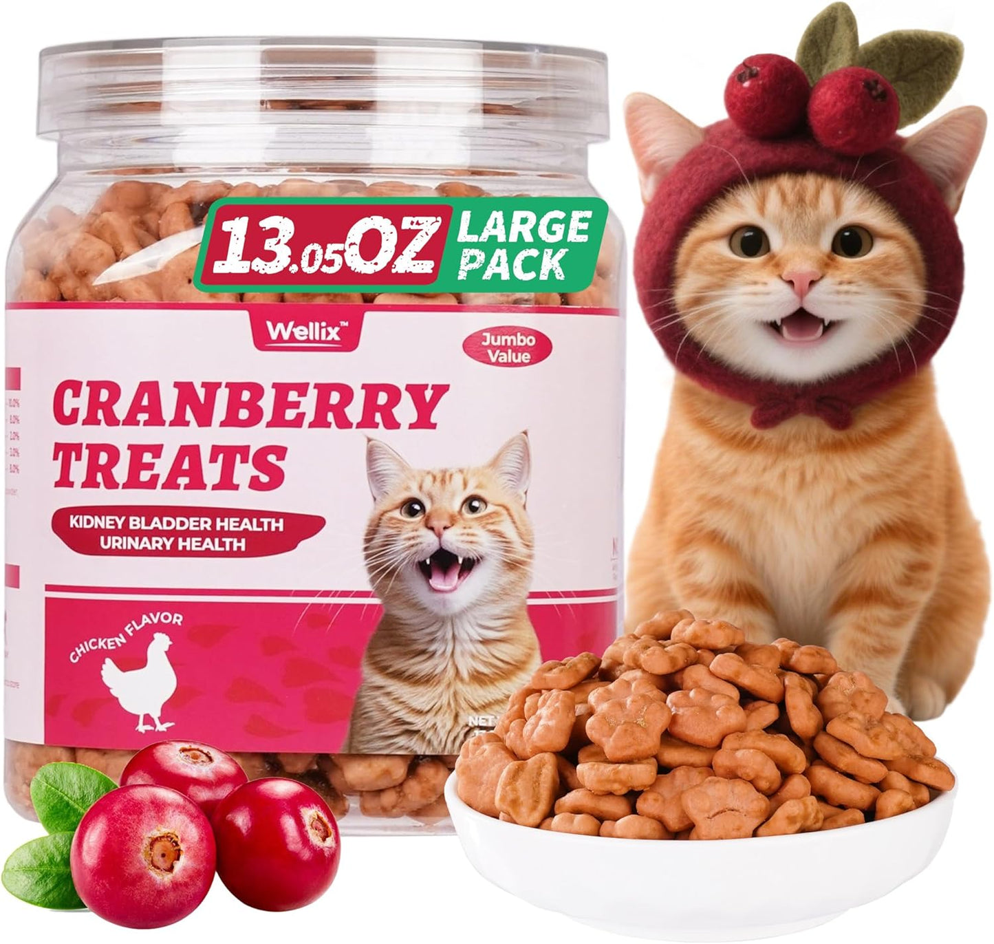 Wellix 13.05 oz Urinary Tract Health Cat Treats for Indoor Cats - Cranberry&D-Mannose for UT,Kidney,Bladder Support - Chicken Formula Crunchy Kitten Training Snacks Chews