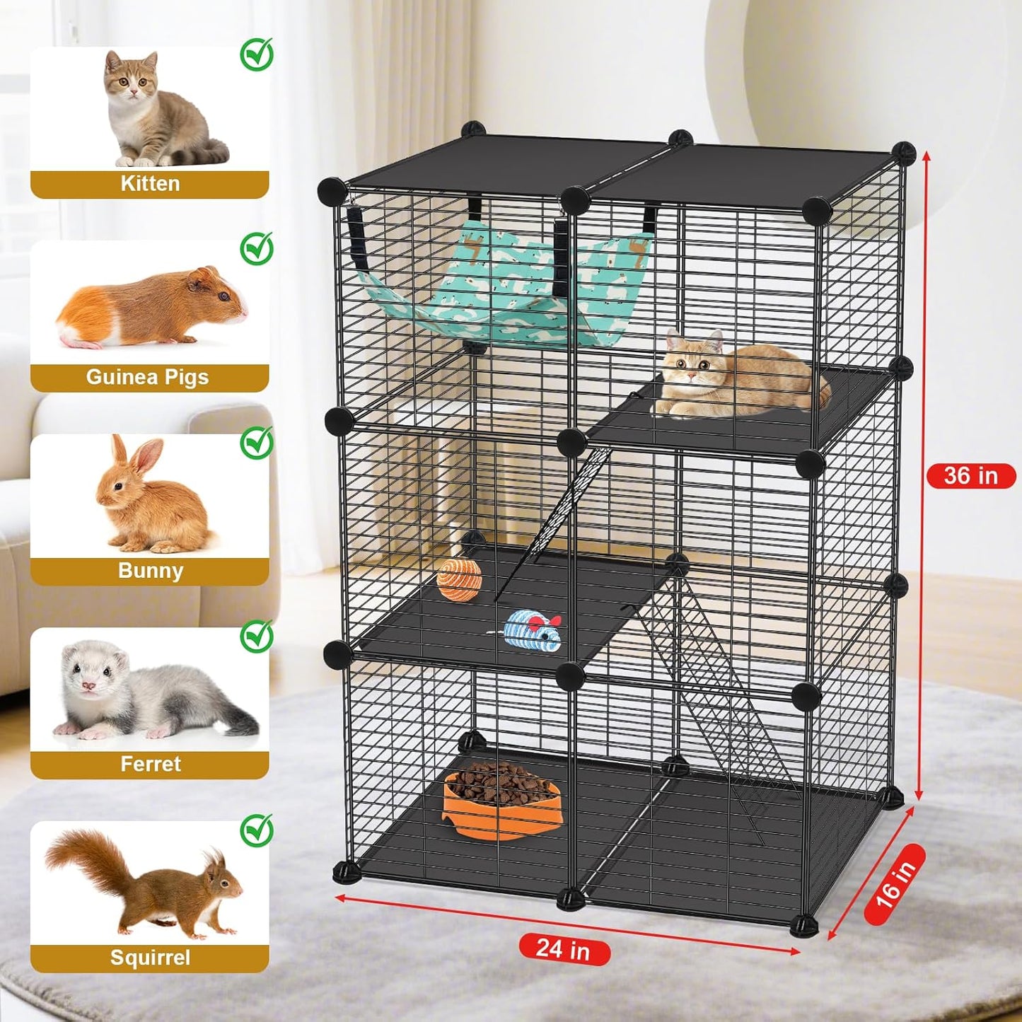 Cat Cage, 3-Tier DIY Catio Cat Enclosures, 24" x 16" x 36" Cat Playpen Indoor & Outdoor with Hammock, Detachable Metal Wire Kennel Cats Crate, 2x1x3 Exercise Place for 1-2 Cats/Kitten