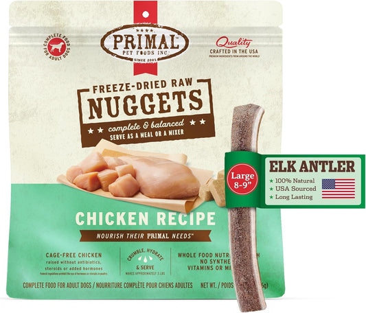 Primal Antler & Freeze Dried Dog Food Nuggets Bundle, Chicken 14oz & Grade A Split Elk Antler for Large Dogs 30-45 lb