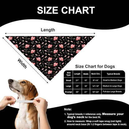 Valentine’s Day Dog Bandana - Reversible Black Red Hearts Candy Print Scarf for Medium to Large Dogs, Cute Costume Accessory for Valentine Gift