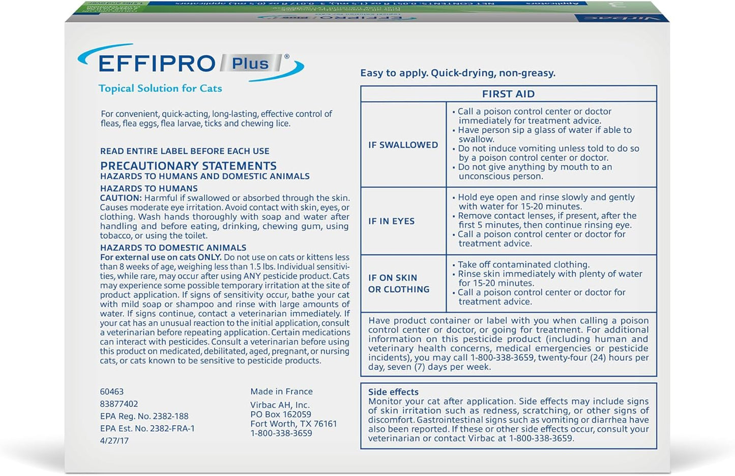 Effipro Plus Topical Solution for Cats, 3 Month Supply, Product Does Not Expire, Non-Perishable