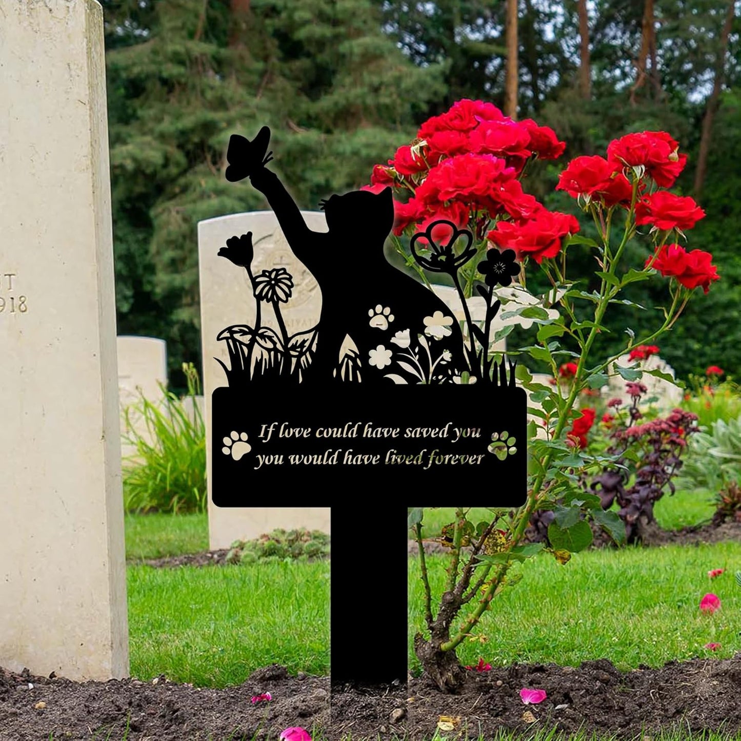 If Love Could Saved You Cat Grave Marker – 12in Metal Pet Memorial Plaque with Butterfly Design, Weatherproof Cat Headstone for Indoor or Garden Remembrance, Sympathy Gift for Loss of Pet
