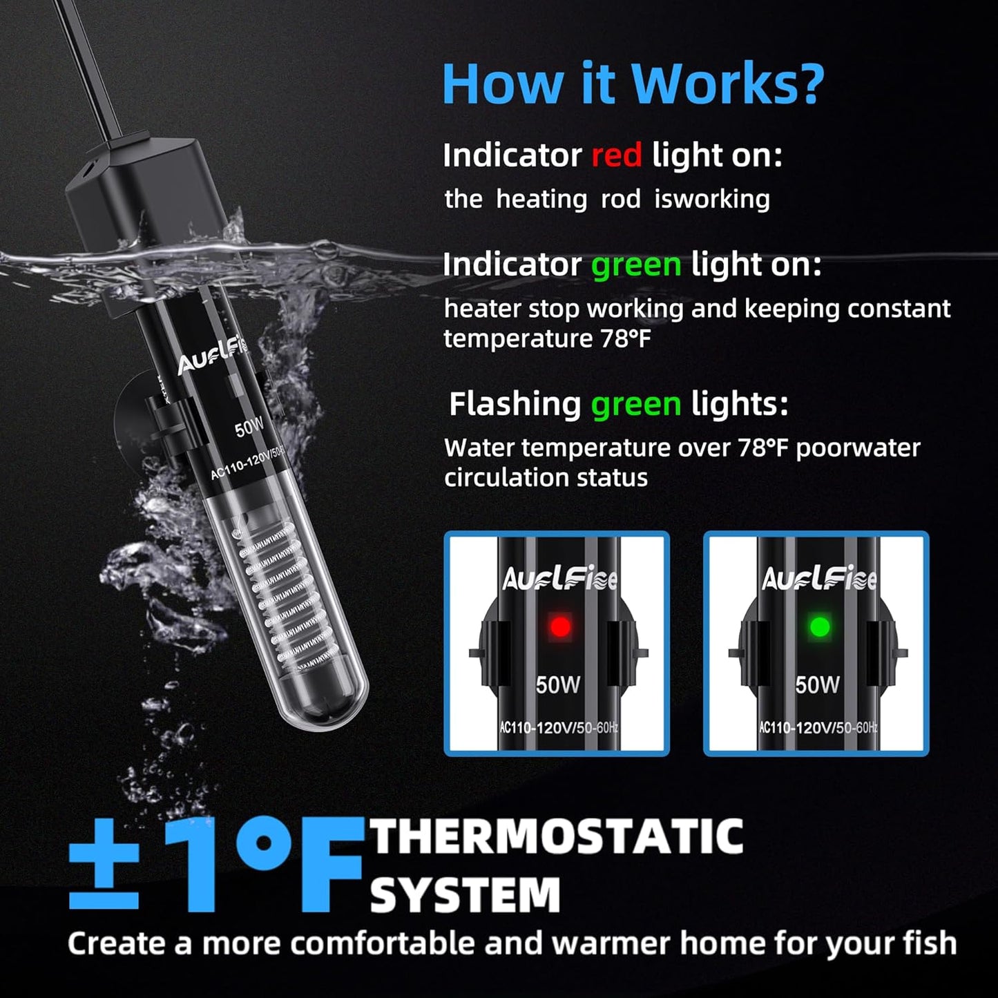 Fish Tank Heater for Aquarium - 50W Aquarium Heater, Small Submersible Tank Heaters with Mini Aquariums Thermometer for Betta Turtle Saltwater Freshwater 5-10 Gallon Tanks(Preset 78℉)