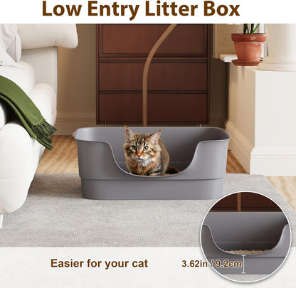 Extra Large Cat Litter Box for Big Cats - High Sides & Low Enter Design, 23.6x17.1x8.54 Inches Spacious Anti-Spill Pet Toilet（Grey）
