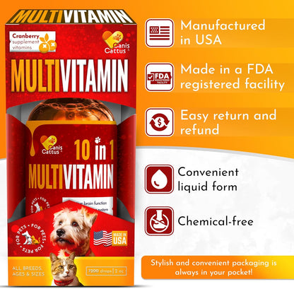 Liquid Cat & Dog Vitamins – Dog Antibiotics for All Pets – Bundle of 10 in 1 Cat & Dog Multivitamin + Antibiotic Supplement – Cough, Allergy, Sneezing, Joint Care – Vitamin C, D, B – Bottle Set x 2 oz