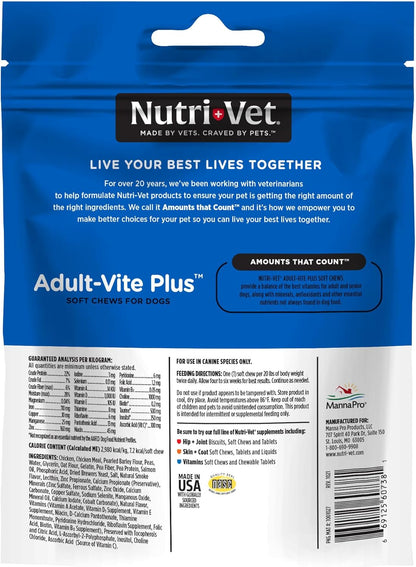 Nutri-Vet Adult-Vite Plus Dog Multivitamin Soft Chews, Daily Dog Supplement with Vitamins Minerals and Antioxidants, Supports Skin, Immune, Joint, and Gut Health, Tasty Chicken Flavor, 70 Count