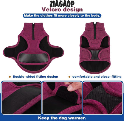 Warm Knit Dog Vest with Fleece Lining – Cold Weather Pet Jacket with Zipper Harness Opening, Adjustable Neck, Cozy and Stylish Year-Round Sweater. Purple M