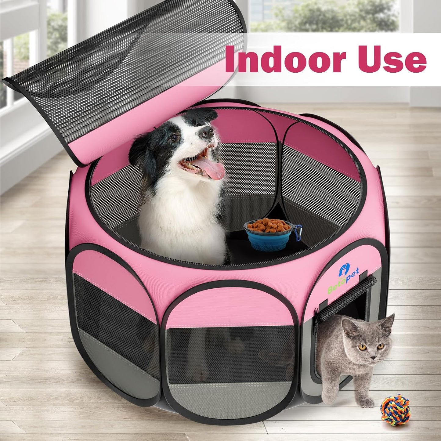 Playpen for Small Dogs Cats Crate: Puppy Play Pen Indoor Outdoor Foldable Potable Exercise Cage Pop up Kennel for Guinea Pig Rabbits Hamster Travel with Carrying Case & Food Bowl (Pink, L, 1)