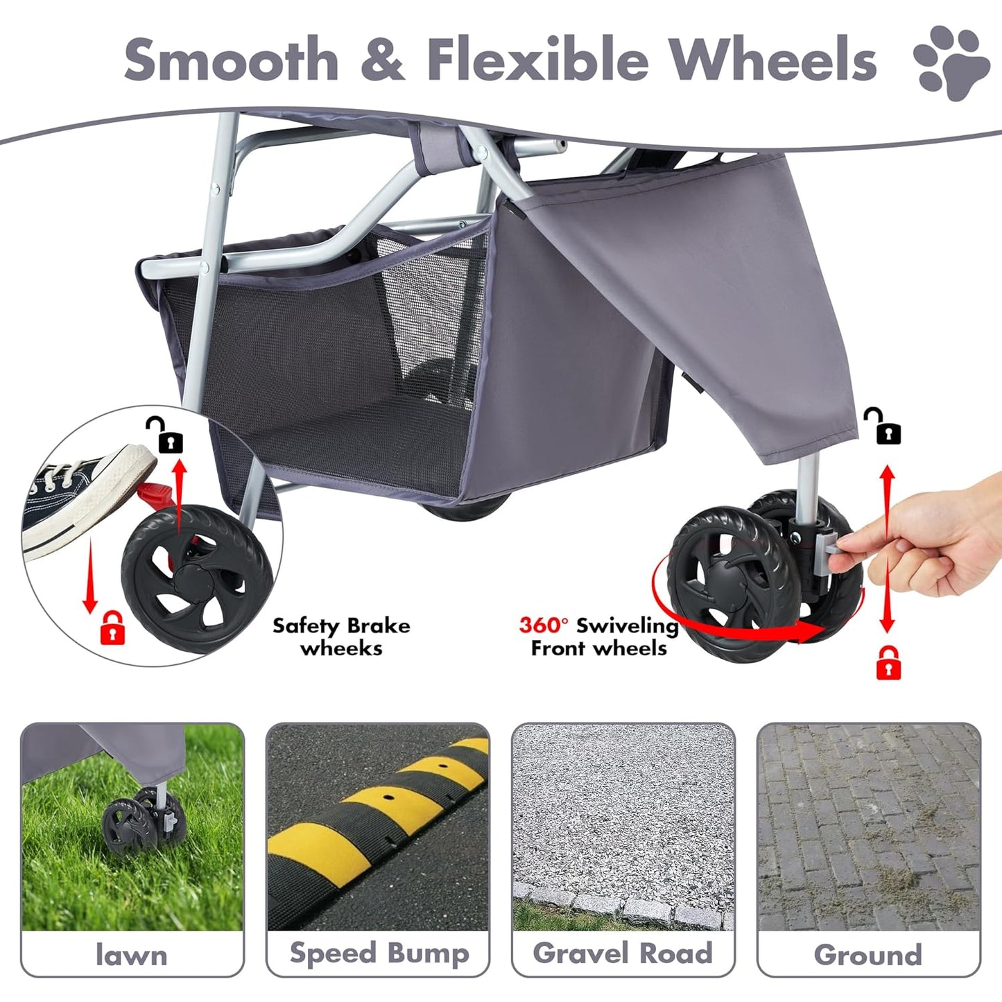 Smug 3 Wheels Pet Stroller, Dog and Cat Strollers, Storage Basket and Cup Holder, Breathable Mesh, Lightweight Travel Carrier, Waterproof and Foldable for Small Pets Outdoor Walk, Grey