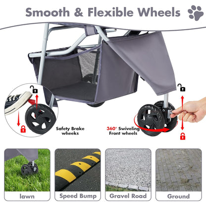 Smug 3 Wheels Pet Stroller, Dog and Cat Strollers, Storage Basket and Cup Holder, Breathable Mesh, Lightweight Travel Carrier, Waterproof and Foldable for Small Pets Outdoor Walk, Grey