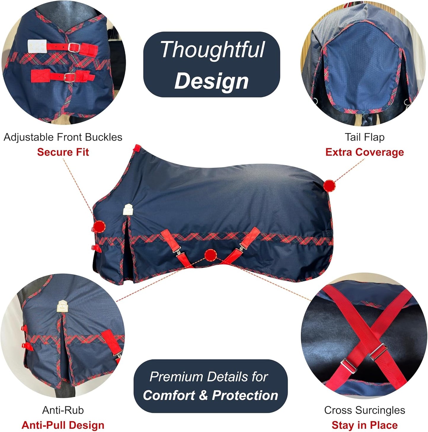 BARN & STABLE 600Denier 3000mm/3000mvp Super Waterproof & Breathable Horse Blankets for Winter with 200g Fill
