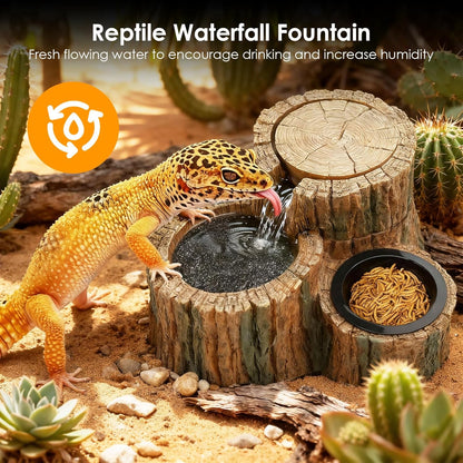 MIXJOY Reptile Water Fountain with Food Dish 550ML, 2 in 1 Reptile Waterfall Drinking Fountain, Reptile Water Dispenser for Bearded Dragon, Gecko, Leopard, Lizard, Chameleon, Tree Frog