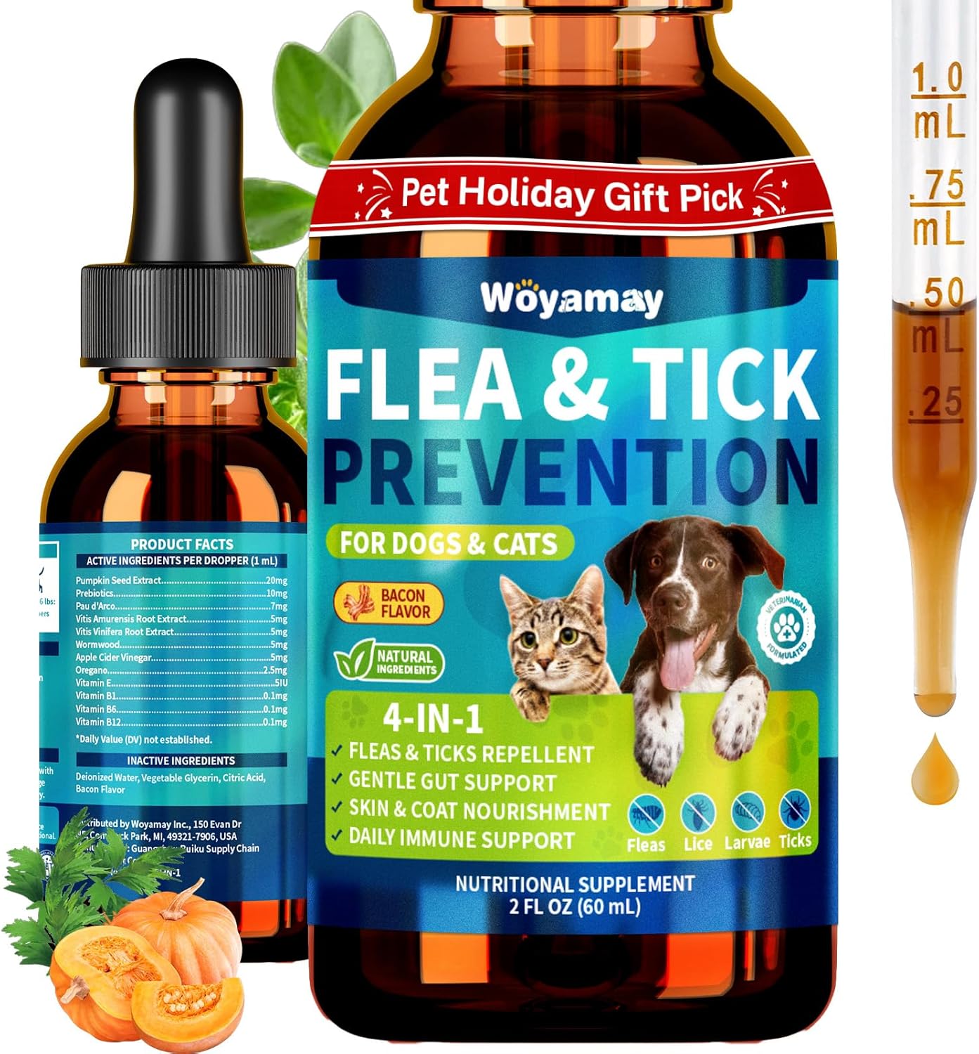 4-IN-1 Flea and Tick Prevention Drops for Dogs and Cats, Natural Cat & Dog Flea and Tick Treatment, Supports Flea Defense, Gut Health, Skin & Coat Nourishment, and Immune Support, Bacon Flavor