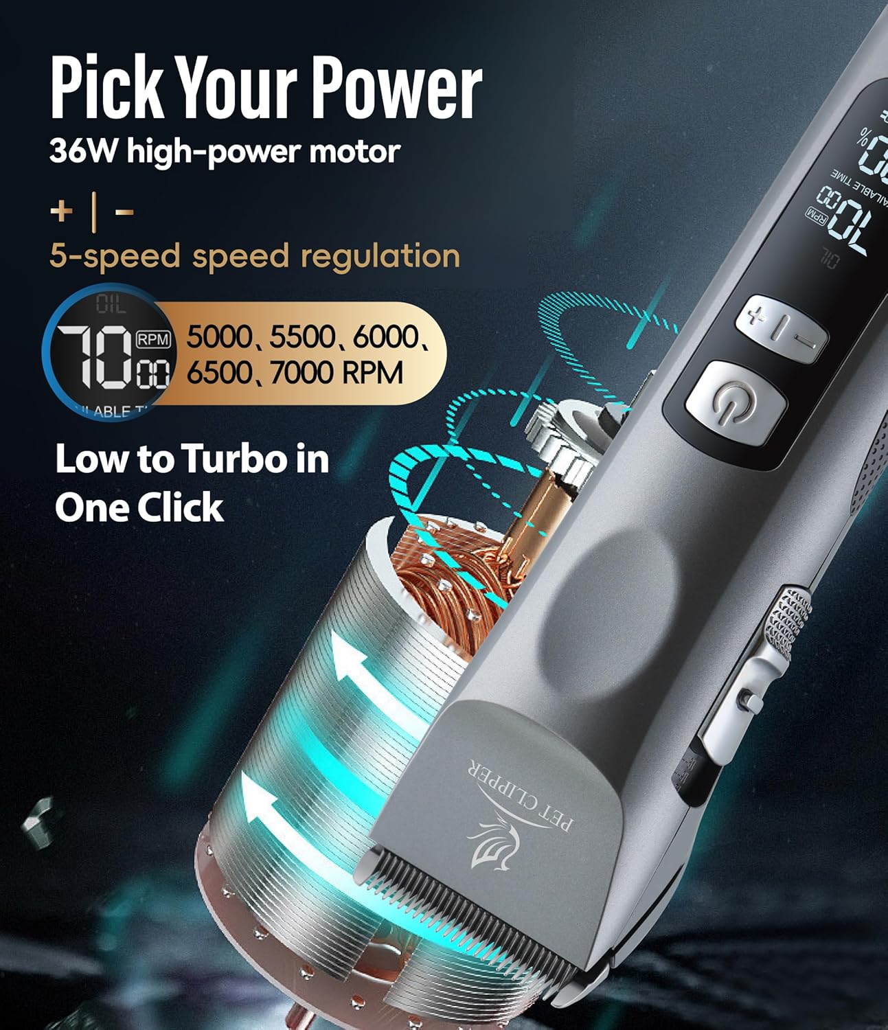 Professional Dog Grooming Clippers with 17H Runtime & Replaceable 440C Blade, 5-Speed Low Noise Electric Dog Shaver for Thick, Matted, Curly Hair, Cordless Clipper for Groomer & Home Use, Grey